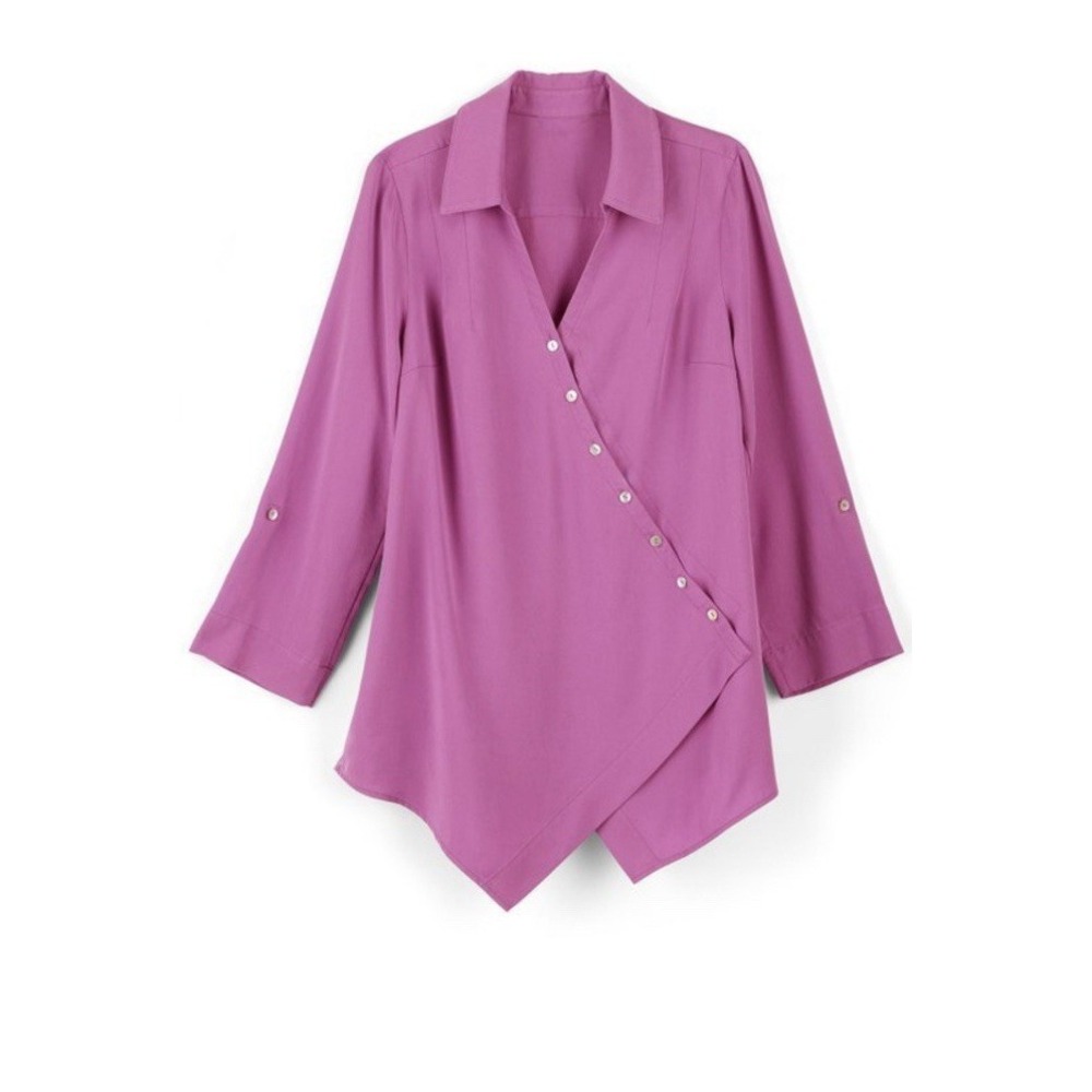 Soft Surroundings Womens Pink Lilac Washed Tencel Roll Tab Sleeve Tunic-Size M